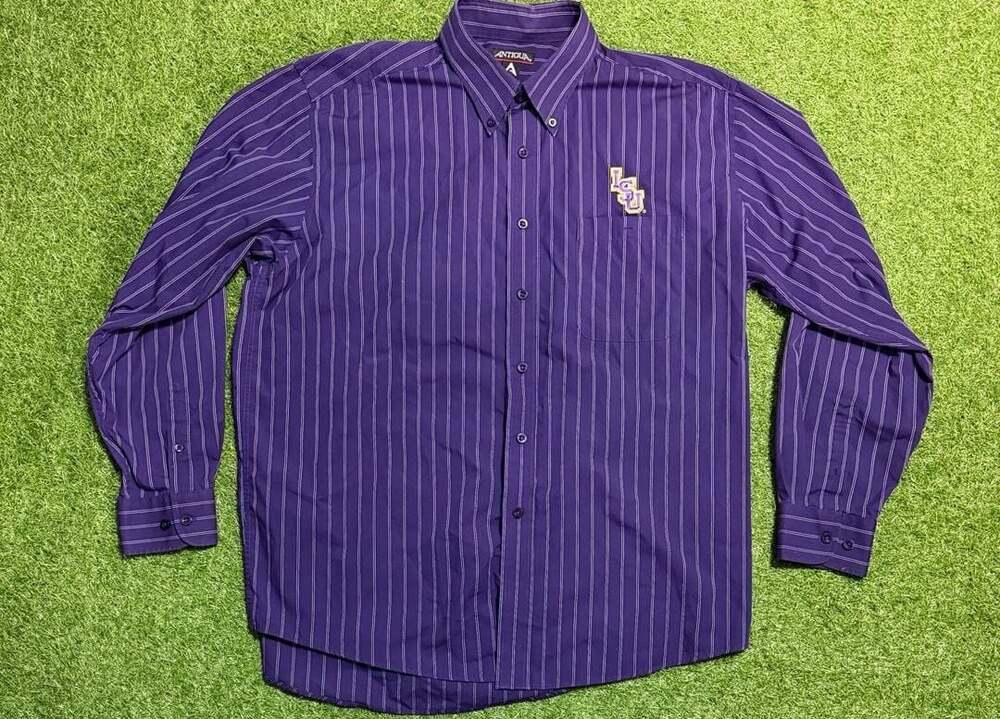 Antigua LSU Tigers Purple Striped Button Down Long Sleeve Shirt Mens Large